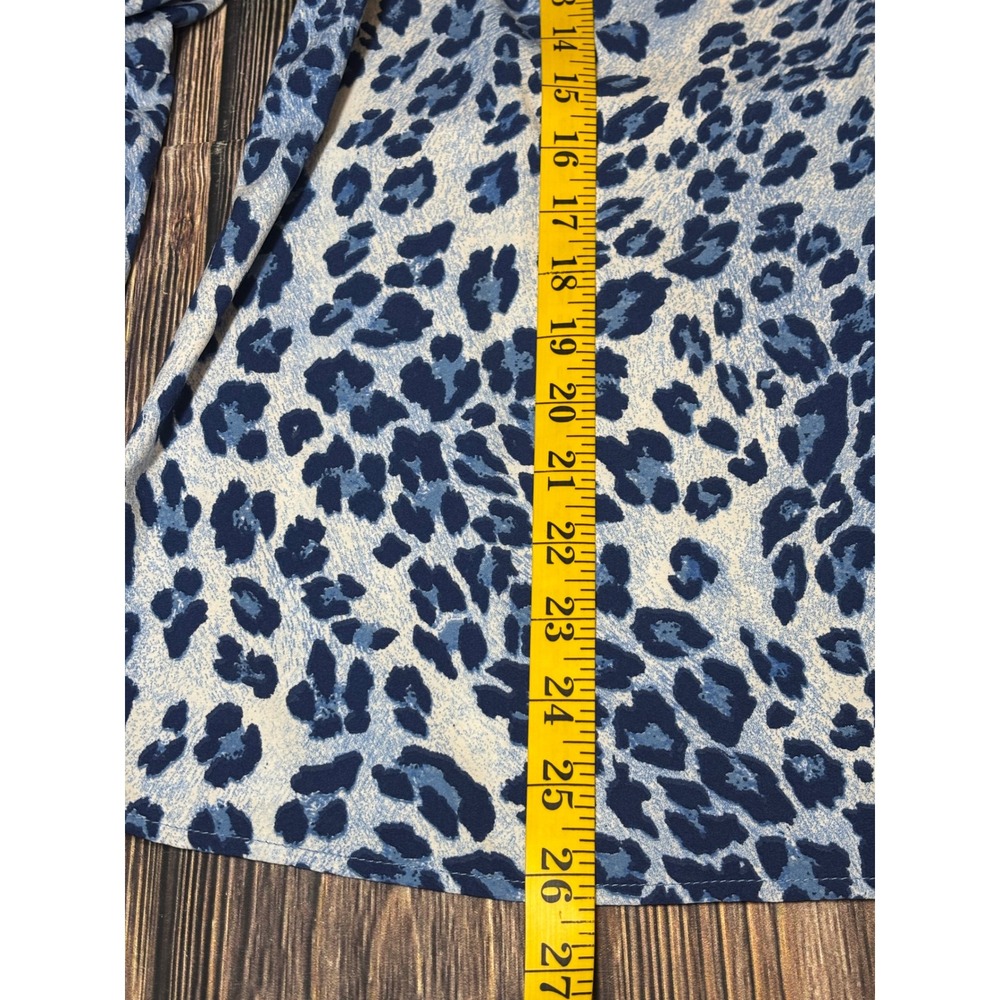 Belle by Kim Gravel Womens Blouse L Blue Leopard Print Ruffle Bell Sleeve Top - Picture 5 of 11